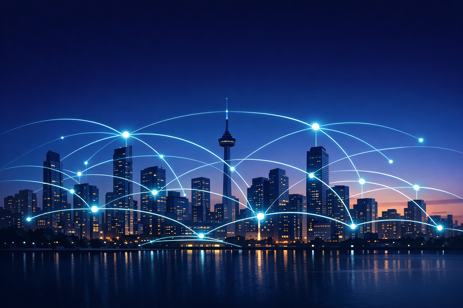 Digital connectivity network across Qatar city skyline
